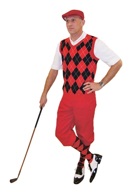 Men's Golf Outfit-Red Knickers Cap, Argyle Sweater, Sock