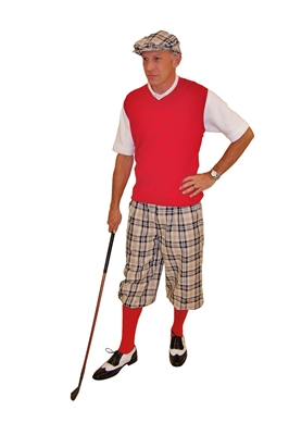Men's Golf Outfit-Khaki Plaid Knickers, Red Sweater, Socks